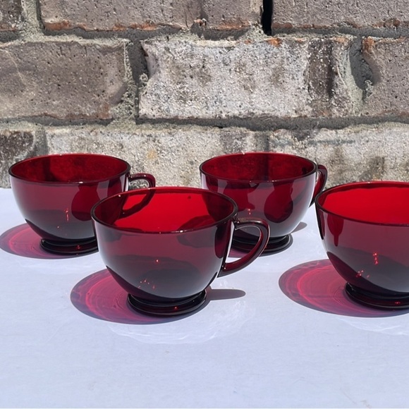 Antique 4 piece set Glass tea cups rich red cranberry Royal red color - Picture 3 of 4